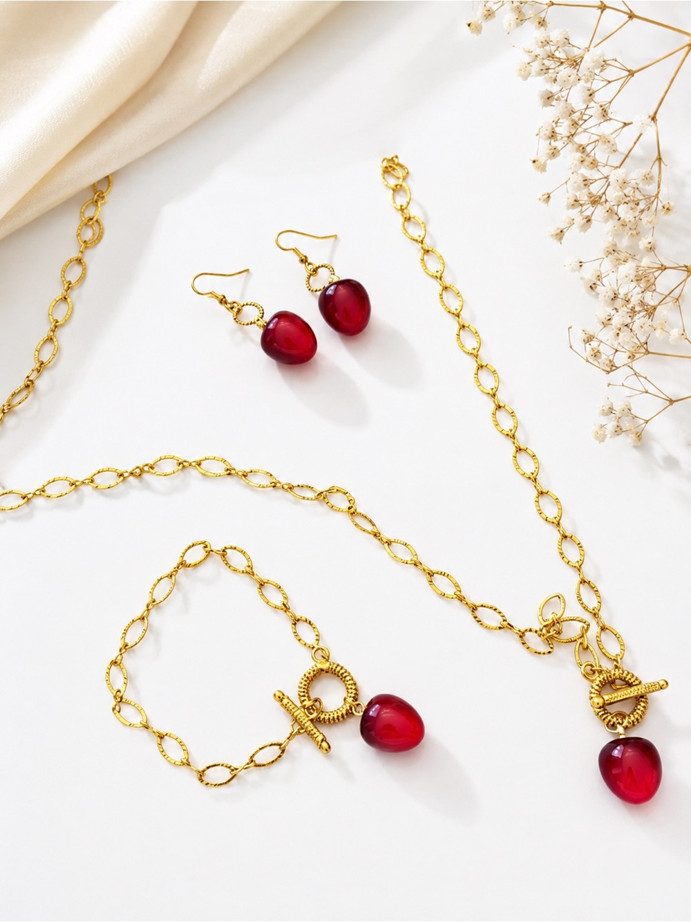 Elegant 3pc Necklace Earrings Bracelet Jewelry Set golden and red